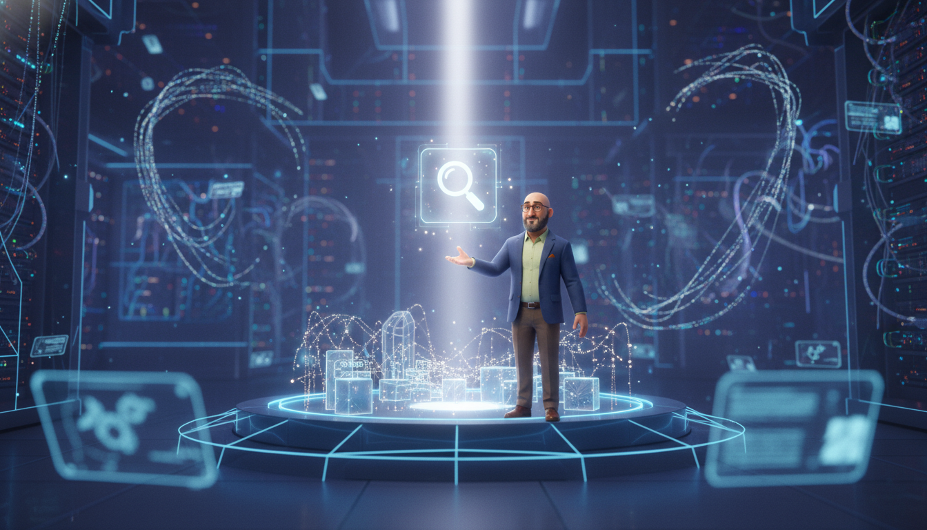Hichem on an elevated platform directing a focused beam of light toward a holographic magnifier, surrounded by glowing data streams in a cinematic blue server room