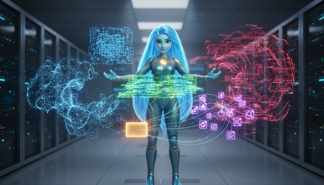 Ayla at the heart of a futuristic server room, orchestrating six distinct holographic memory layer constructs glowing in amber, blue, green, purple, and crimson