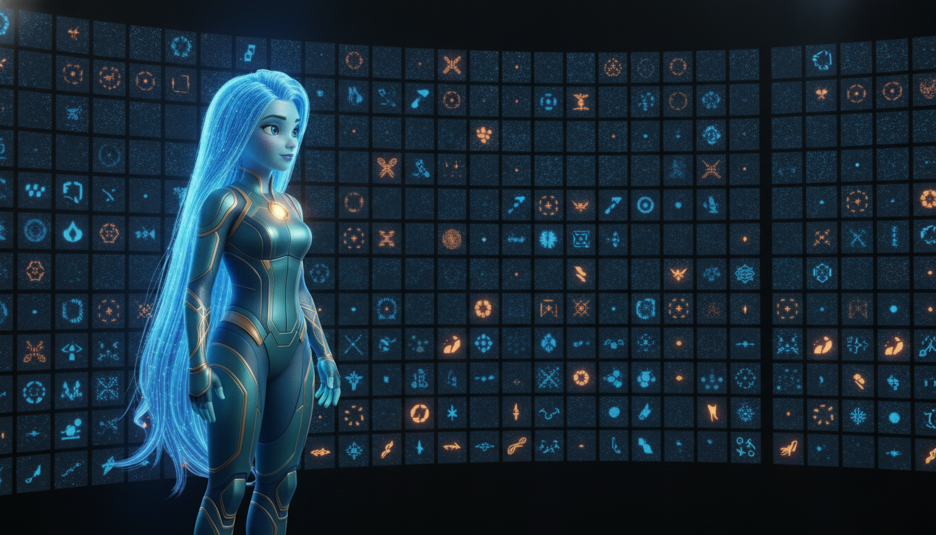 Ayla surveys a wall of live holographic activity feeds, each panel tracking a different agent's current task in real time