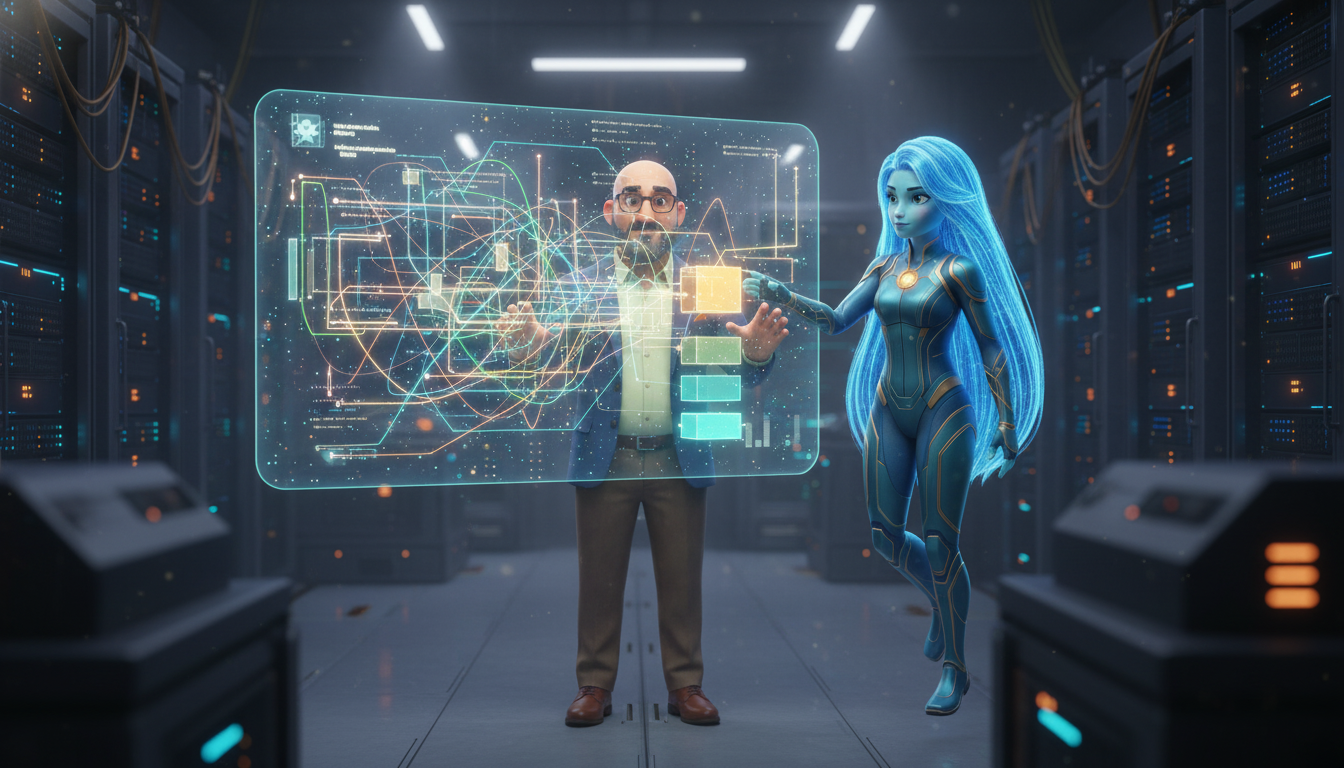 Hichem and Ayla in a high-tech server room analyzing cascading holographic error logs, tracing a chain-reaction failure through an agent pipeline