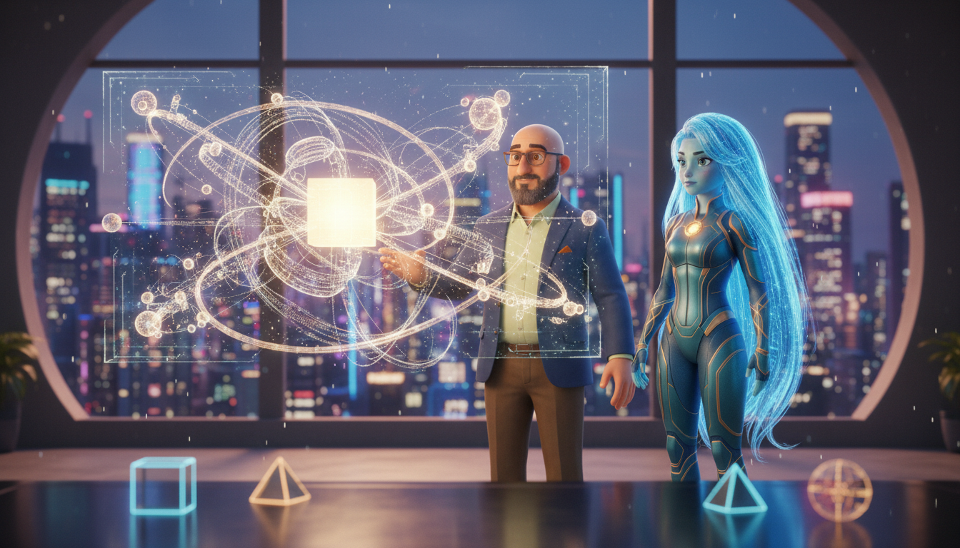 Hichem and Ayla weighing two glowing holographic business models on a balance scale, one side showing custom services, the other showing packaged products