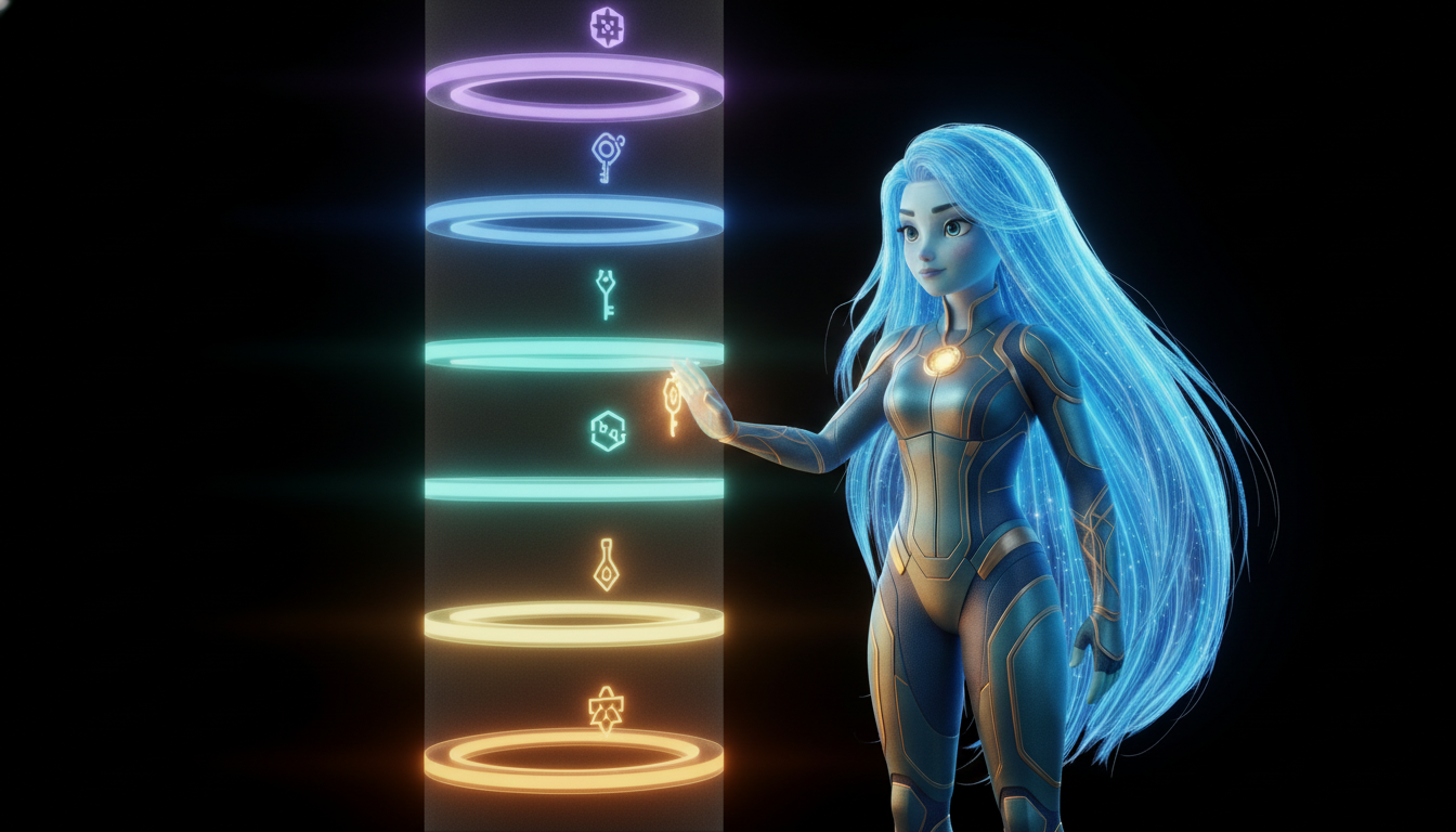 Ayla stands before a tiered holographic access gate, each layer requiring a distinct credential before an agent can pass through