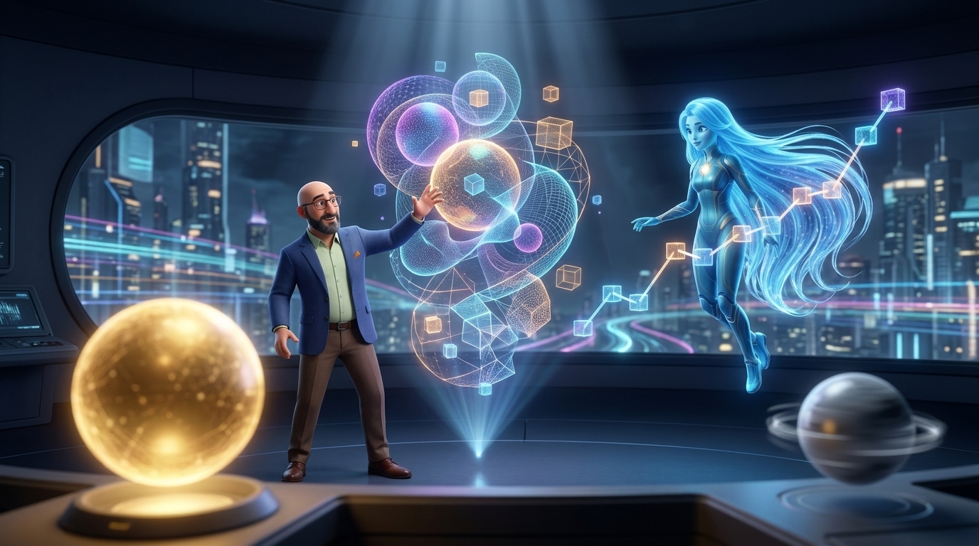 Hichem and Ayla adjust four glowing variable dials on a holographic pricing interface, finding the right number.