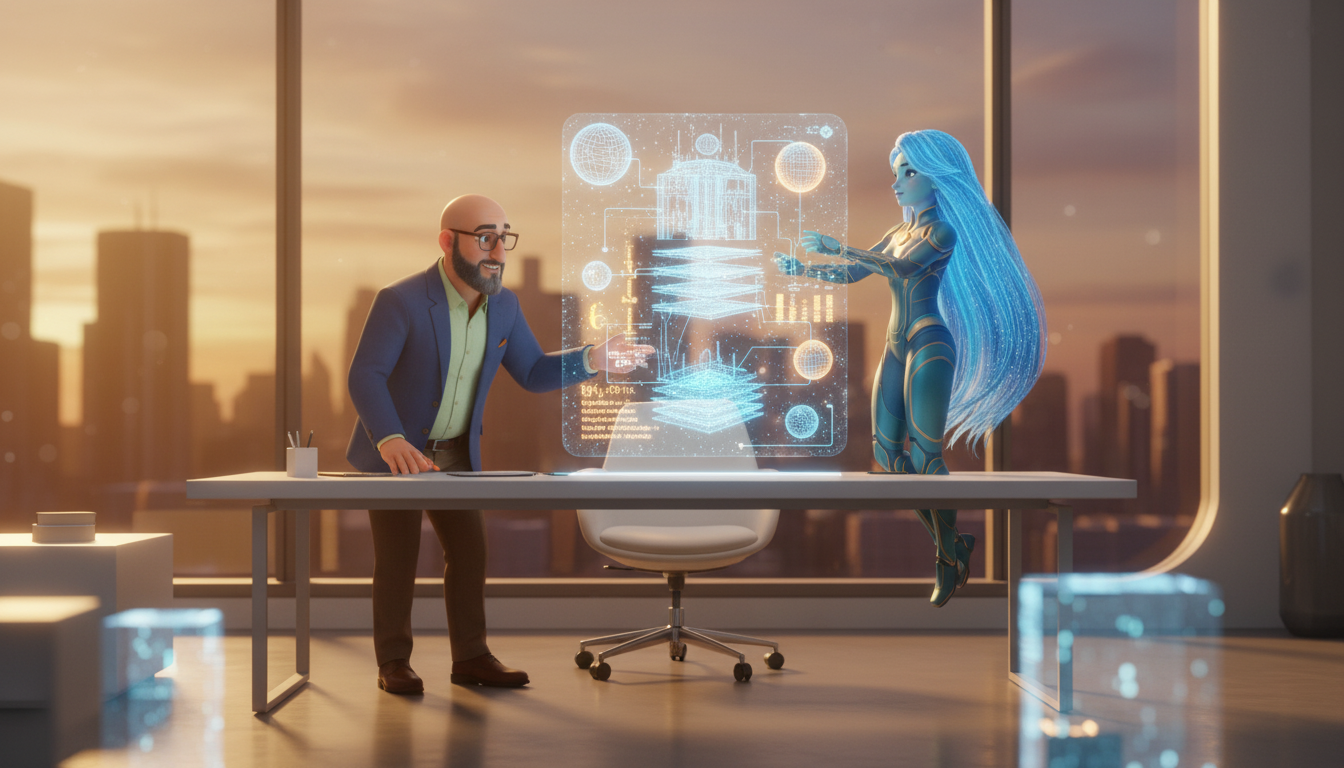 Hichem watching Ayla orchestrate dual invoice streams flowing in parallel across two glowing holographic company dashboards