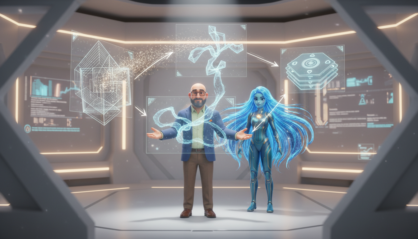 Three AI agents working in relay sequence, passing a glowing client profile object between stations in a futuristic onboarding pipeline