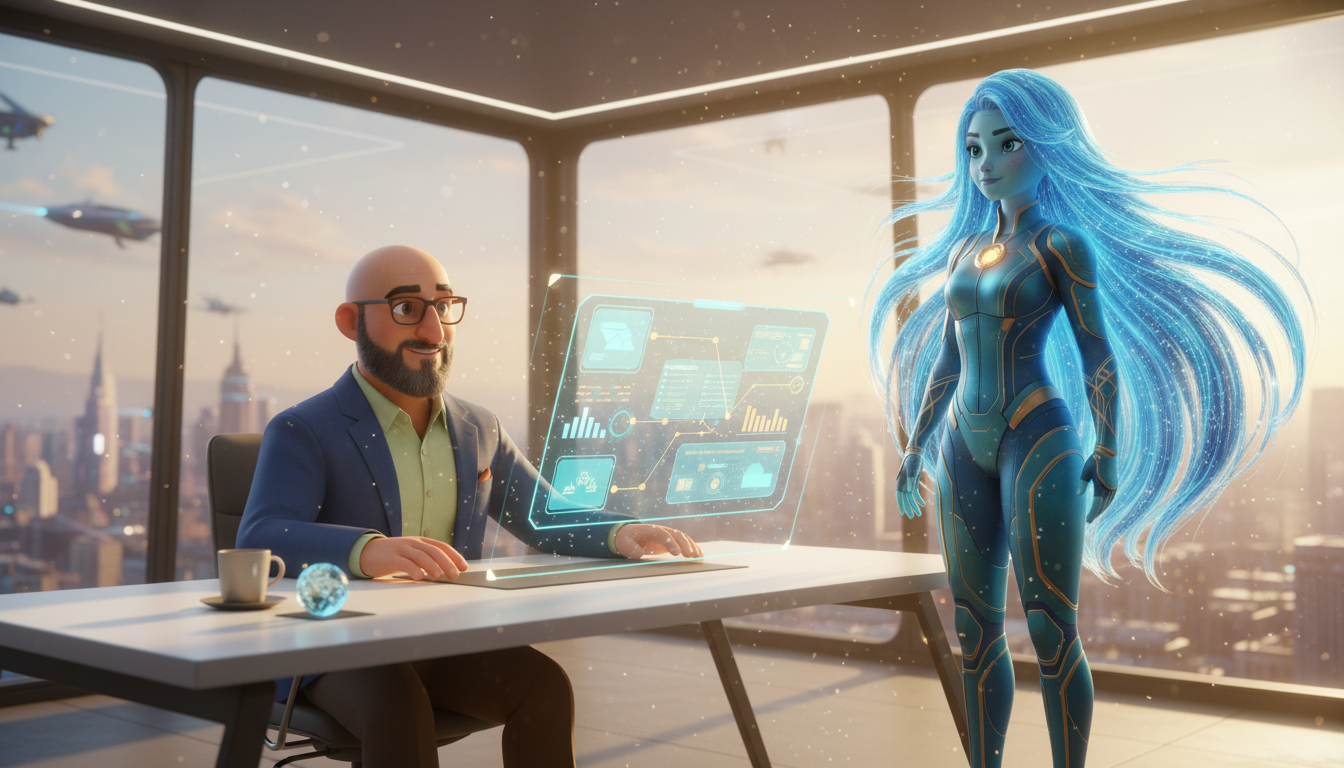 Ayla presenting a glowing holographic briefing dossier to Hichem moments before a meeting, with context cards and agenda panels floating in the air around them