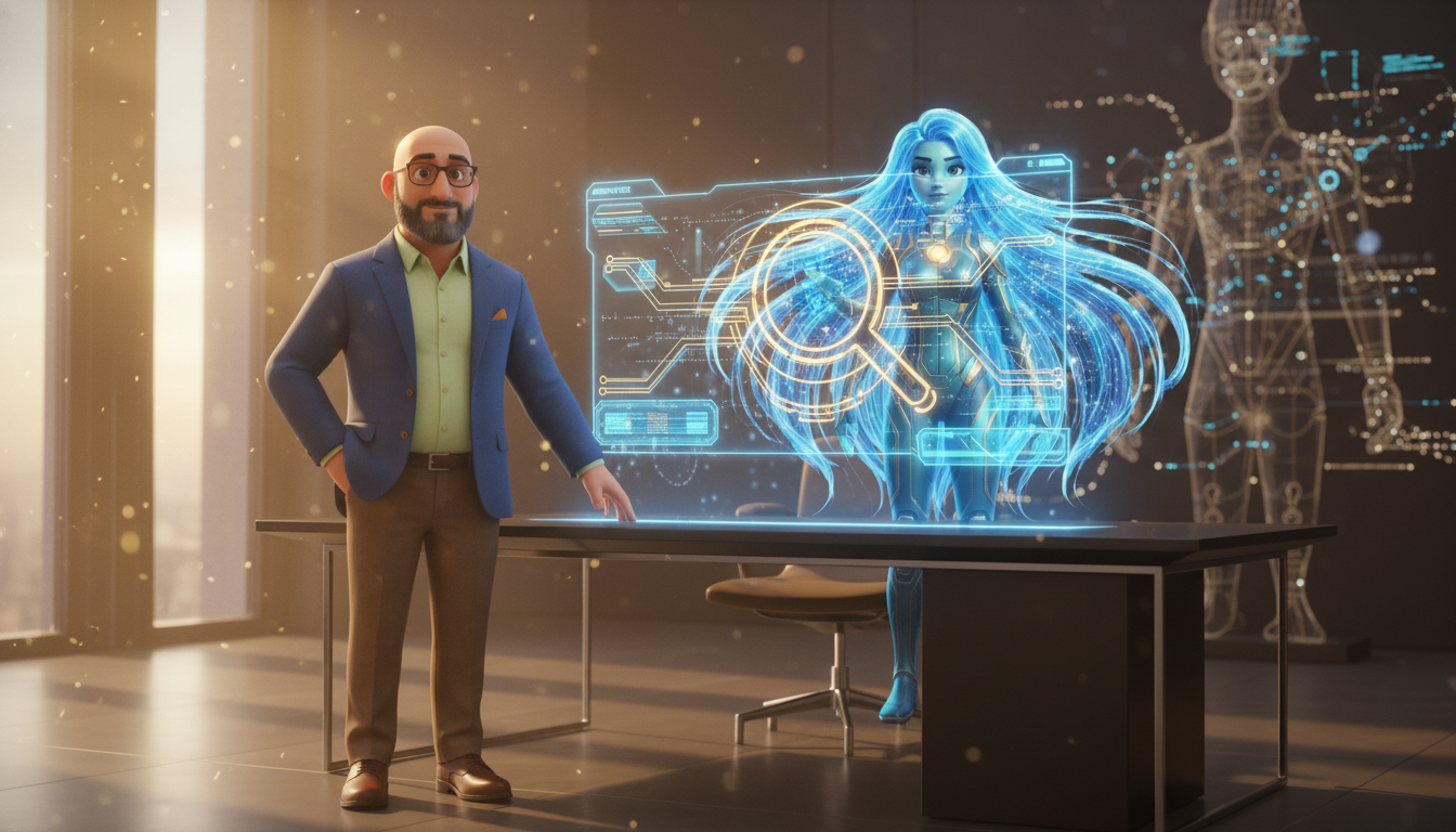 Hichem reviewing a social content pipeline dashboard while Ayla and agent figures manage a stream of scheduled posts flowing across platform icons
