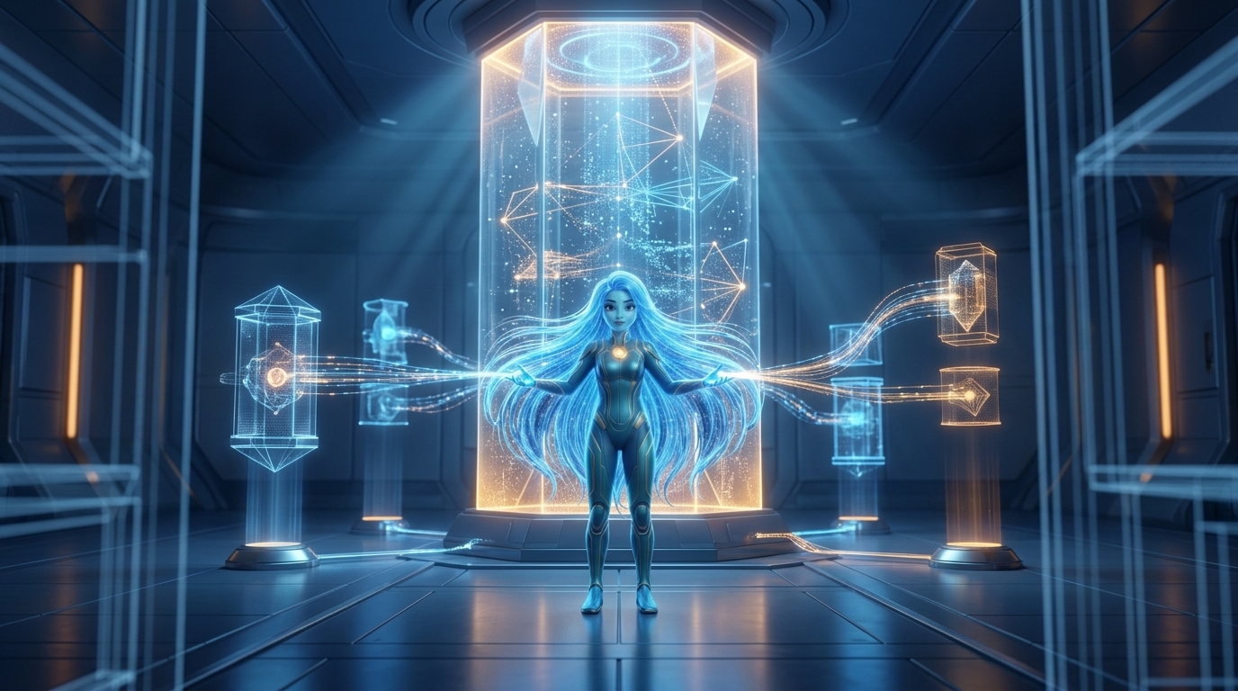 Ayla at the 100-day milestone marker, achievement particles radiating outward as a new chapter of the OS unlocks.