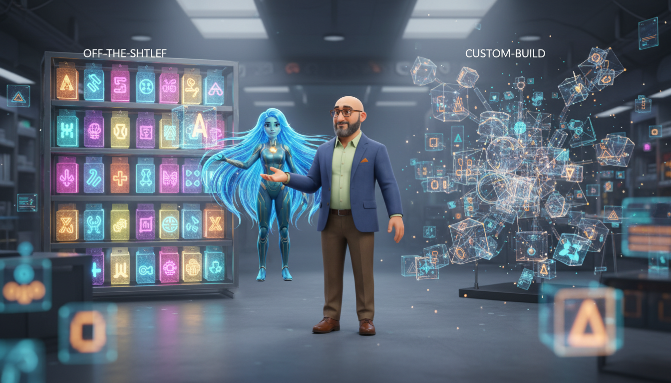 Hichem and Ayla weigh custom-build versus off-the-shelf AI tools in a futuristic holographic workshop
