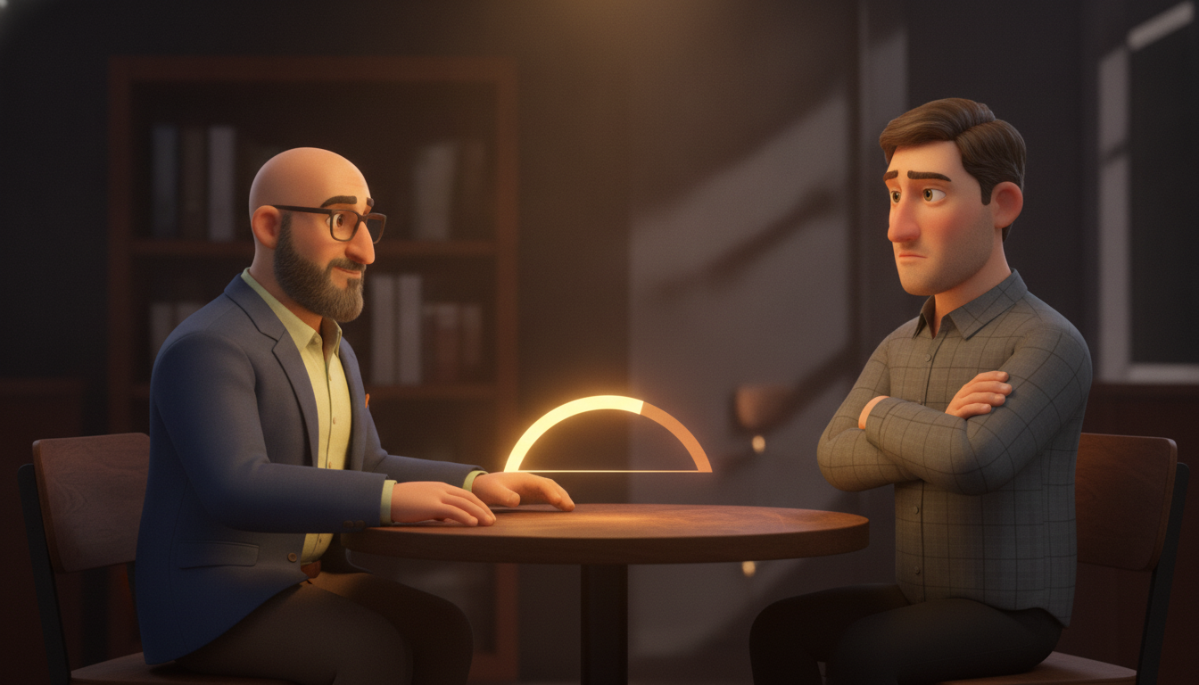 Hichem sits across from a client whose posture is guarded, a small holographic trust meter slowly climbing between them
