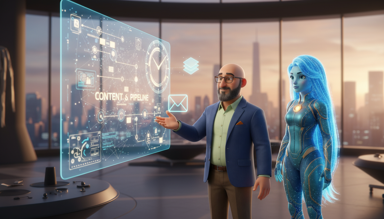 Hichem and Ayla survey an automated content pipeline processing through a dawn control room