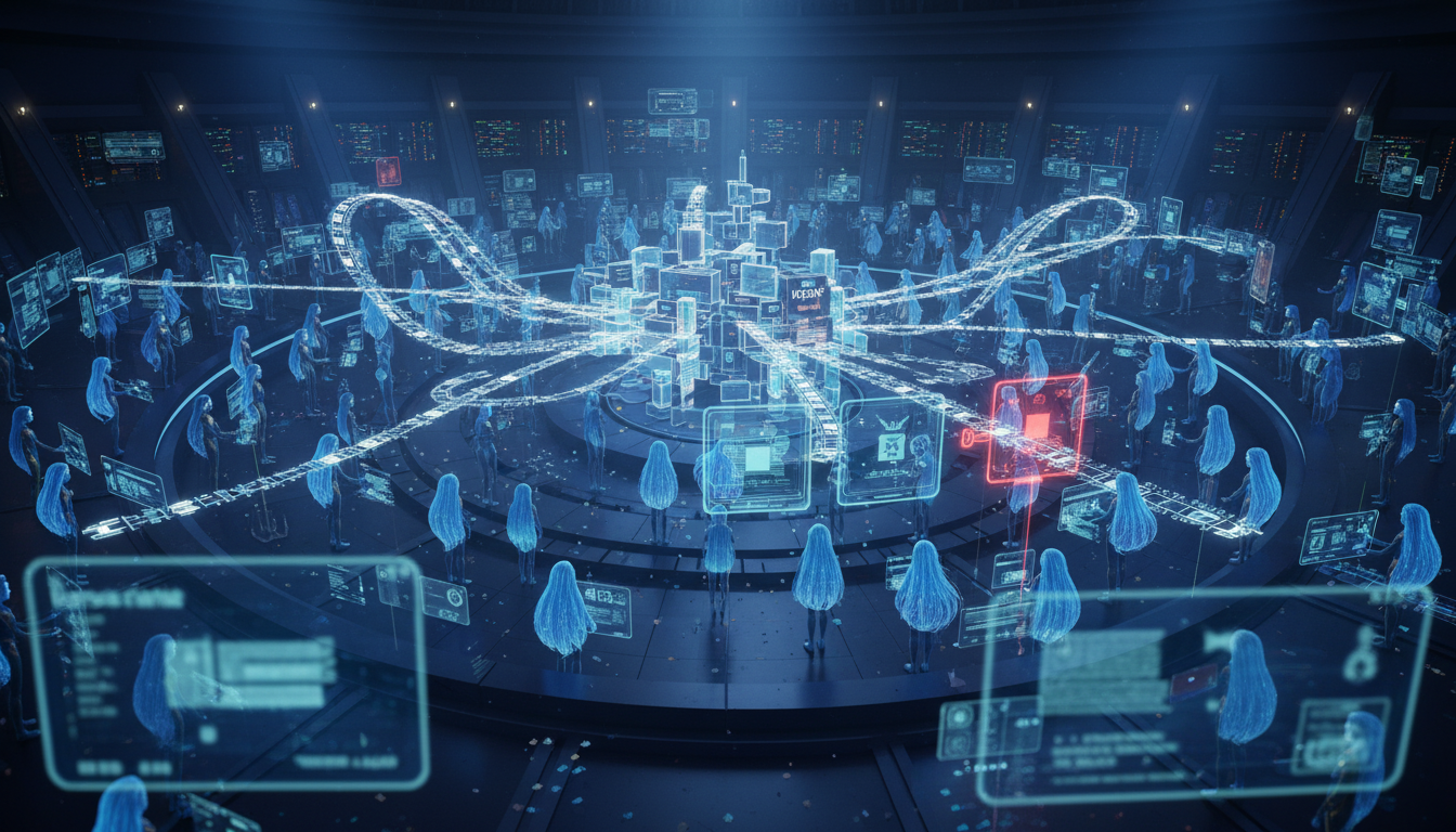 Ayla monitors a holographic scheduler core routing 50 agent tasks through interconnected dependencies