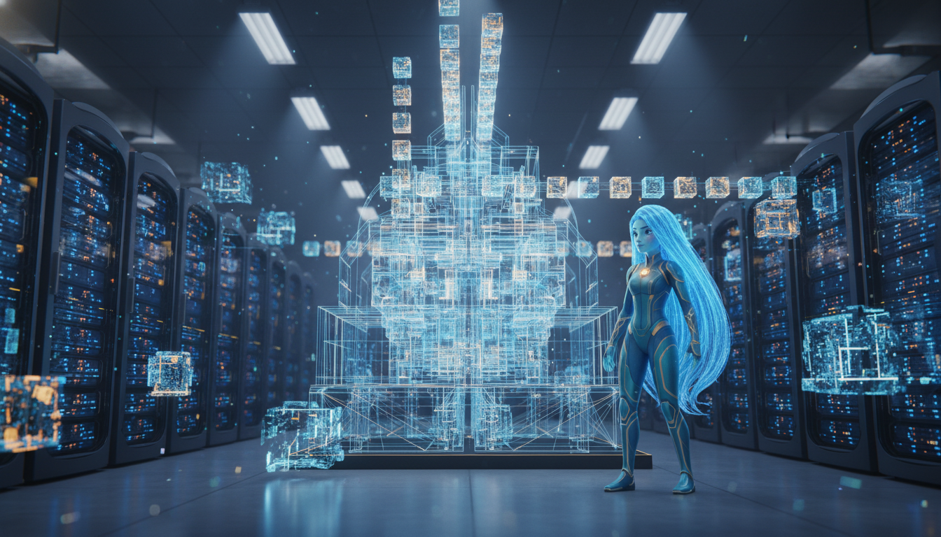 Ayla oversees a luminous agent factory producing standardized frameworks from raw digital components