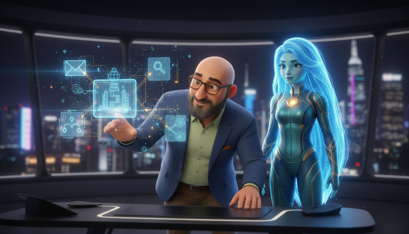 Hichem and Ayla in a sleek studio exploring the workflow structure of an AI agent through holographic geometry