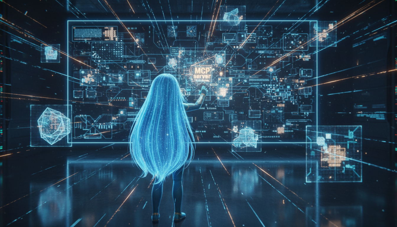 Ayla extends a hand toward a glowing MCP server cluster connecting agents to their external tools