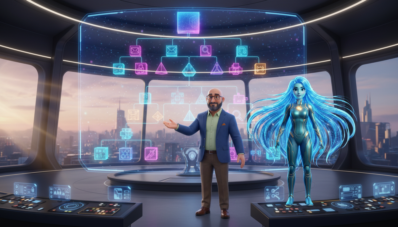 Hichem and Ayla survey a multi-tiered holographic org chart showing structured agent teams in action