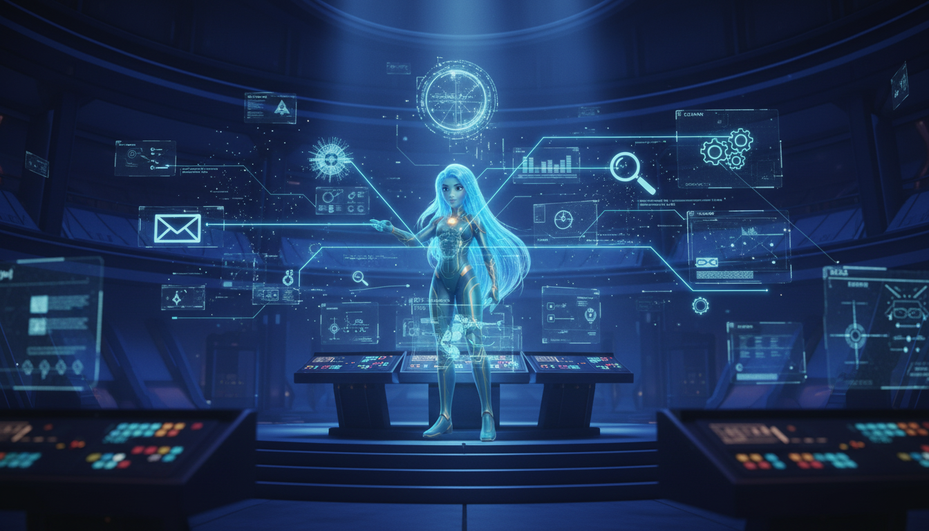 Ayla commands a grand holographic control room routing tasks across a web of specialized agents