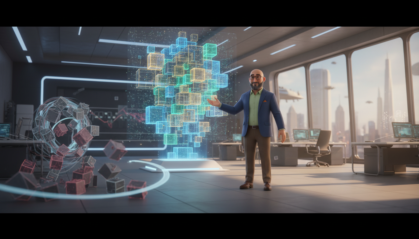 Hichem stands confidently gesturing toward a value-architecture while hourly-rate structures collapse below