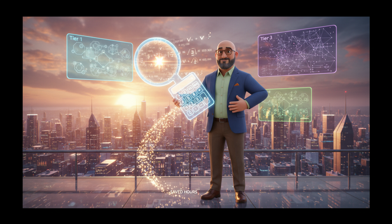 Hichem surveys holographic pricing tiers from a sky bridge in a futuristic digital cityscape at dawn
