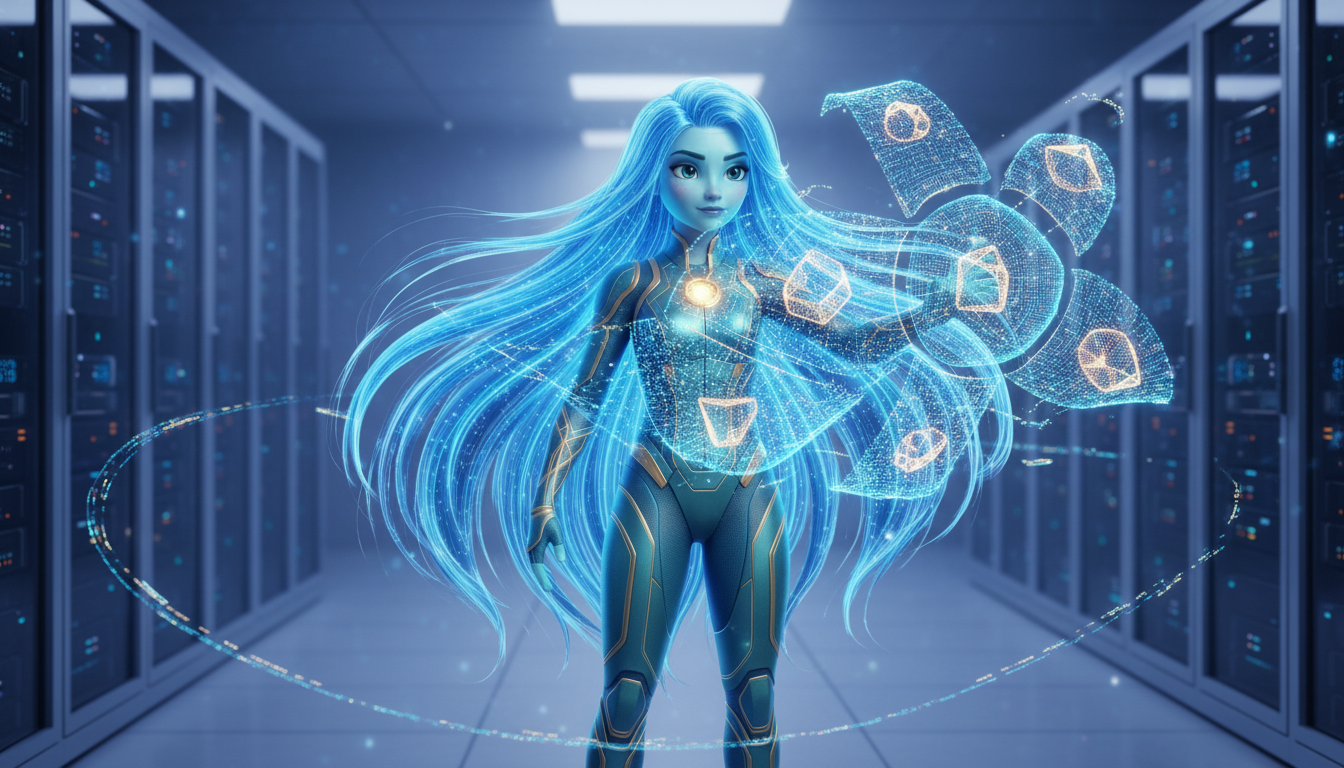 Ayla sculpts an agent's PRISM personality architecture from flowing data streams in a high-tech server room