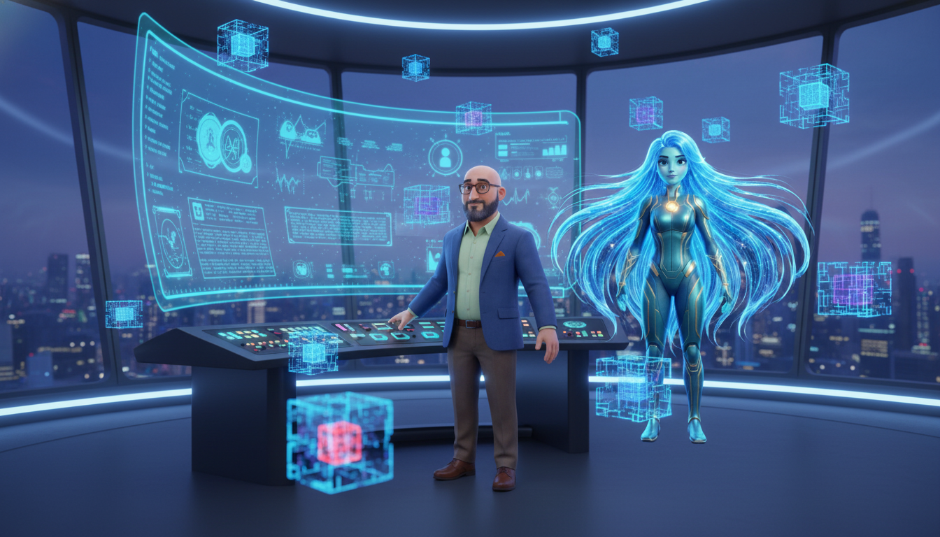 Hichem and Ayla survey 50 glowing AI agent geometries in a control room with layered API and infrastructure cost visualizations