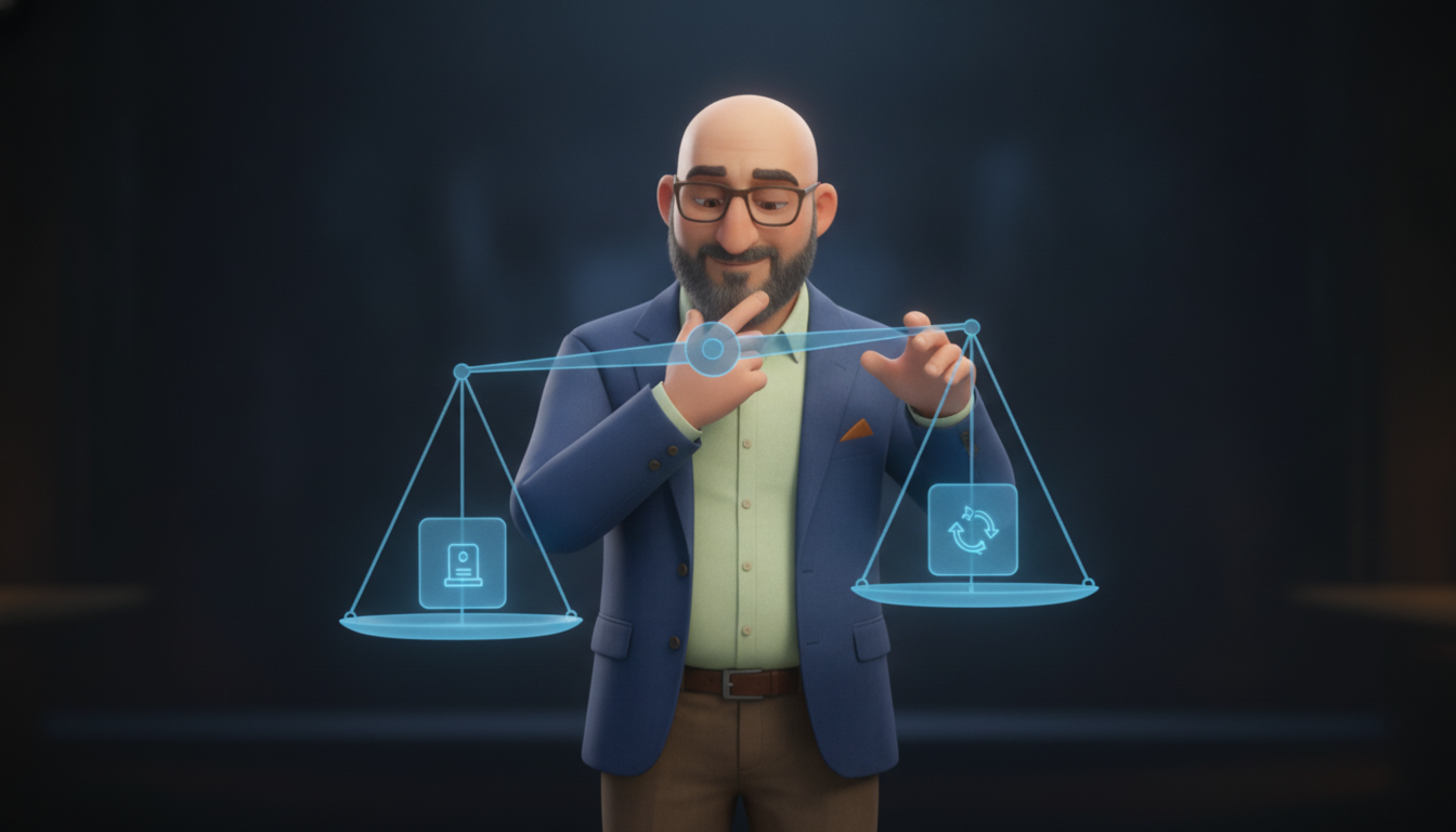Hichem weighs two glowing holographic contracts on a balance scale, one marked project fee, the other marked monthly retainer