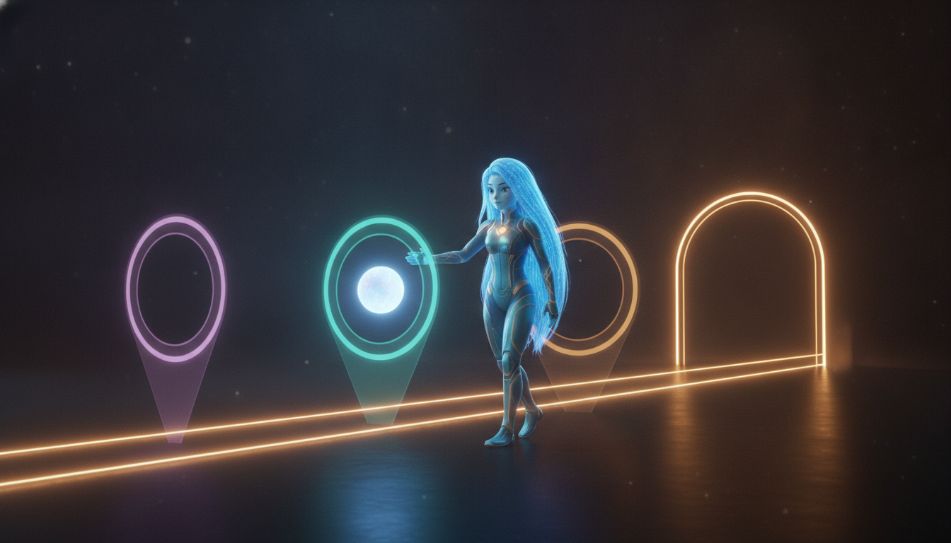 Ayla guides a new agent version through a staged holographic checkpoint gate before it reaches the live production track
