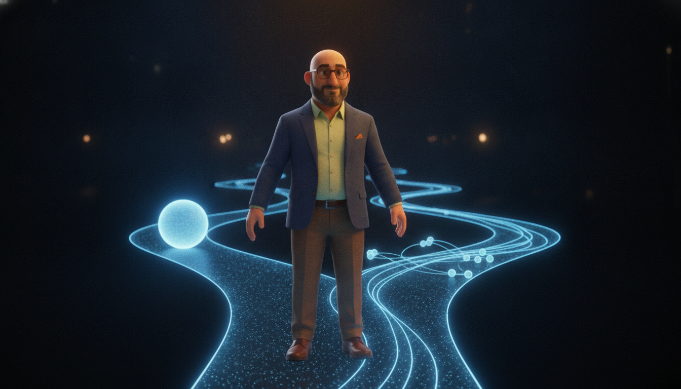 Hichem stands at a fork in a holographic pathway, one route leading to a single glowing agent, the other splitting into a coordinated cluster