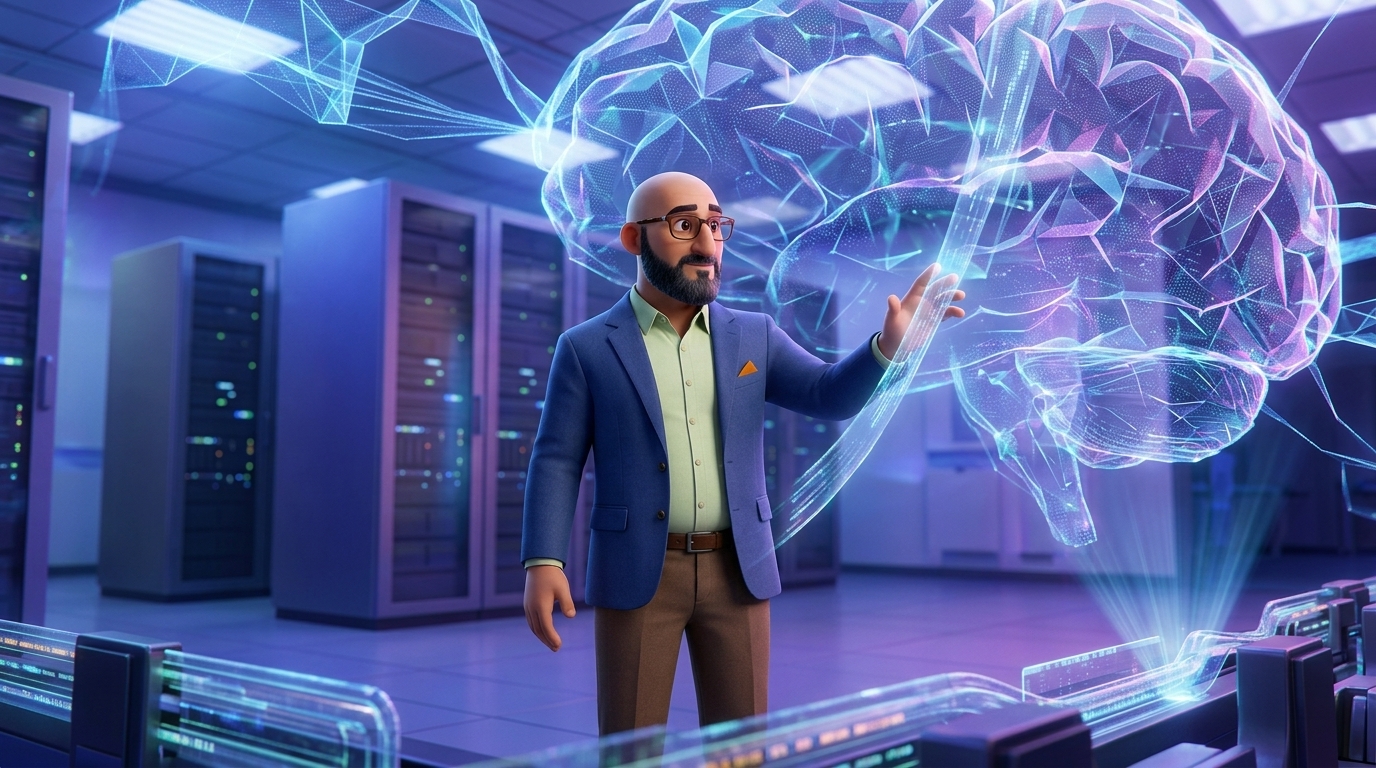 Hichem walks out of a corporate telecom lobby into the evening light, stepping into a new chapter as an AI builder.