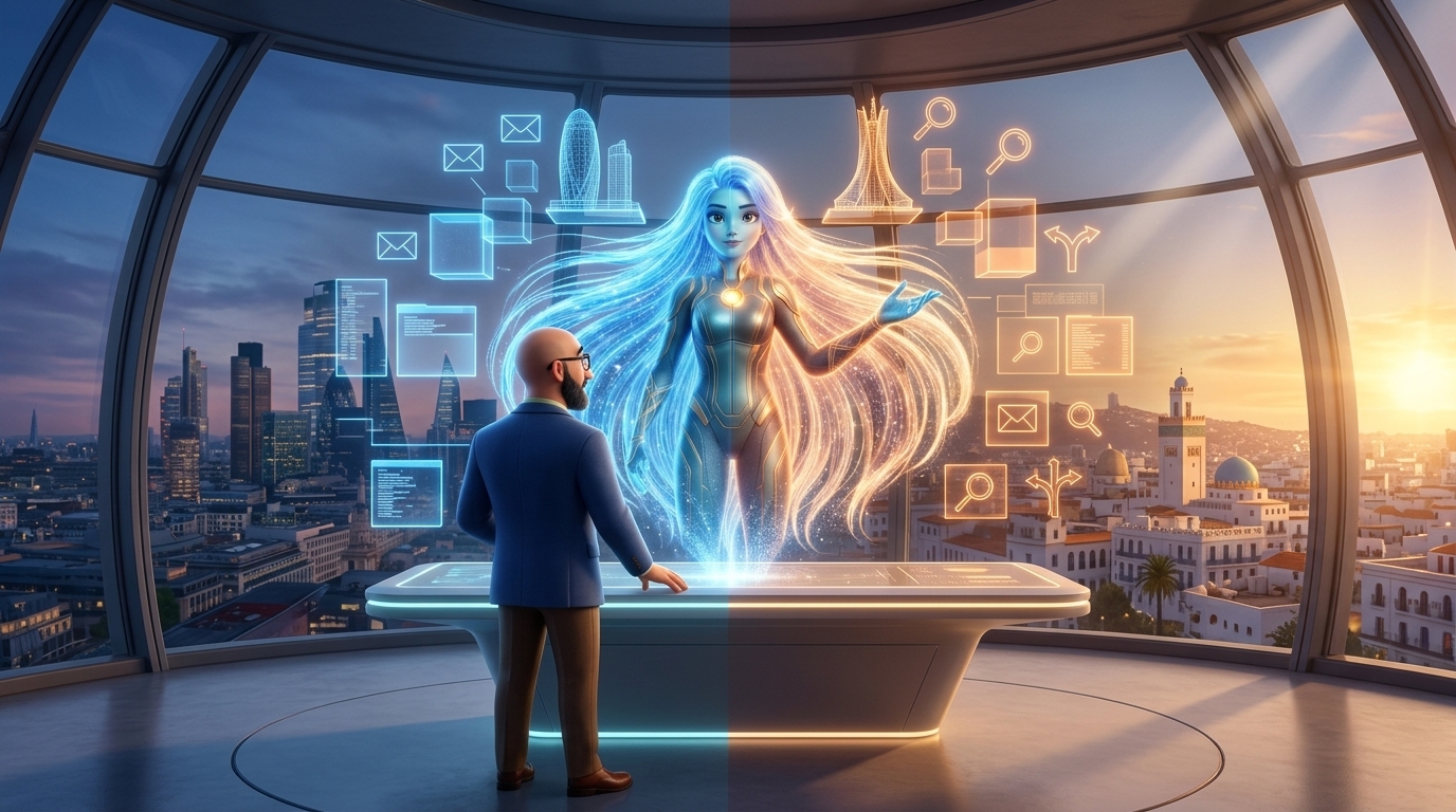 Hichem and Ayla connected by a glowing data bridge spanning Algiers and London, two operations run as one system.