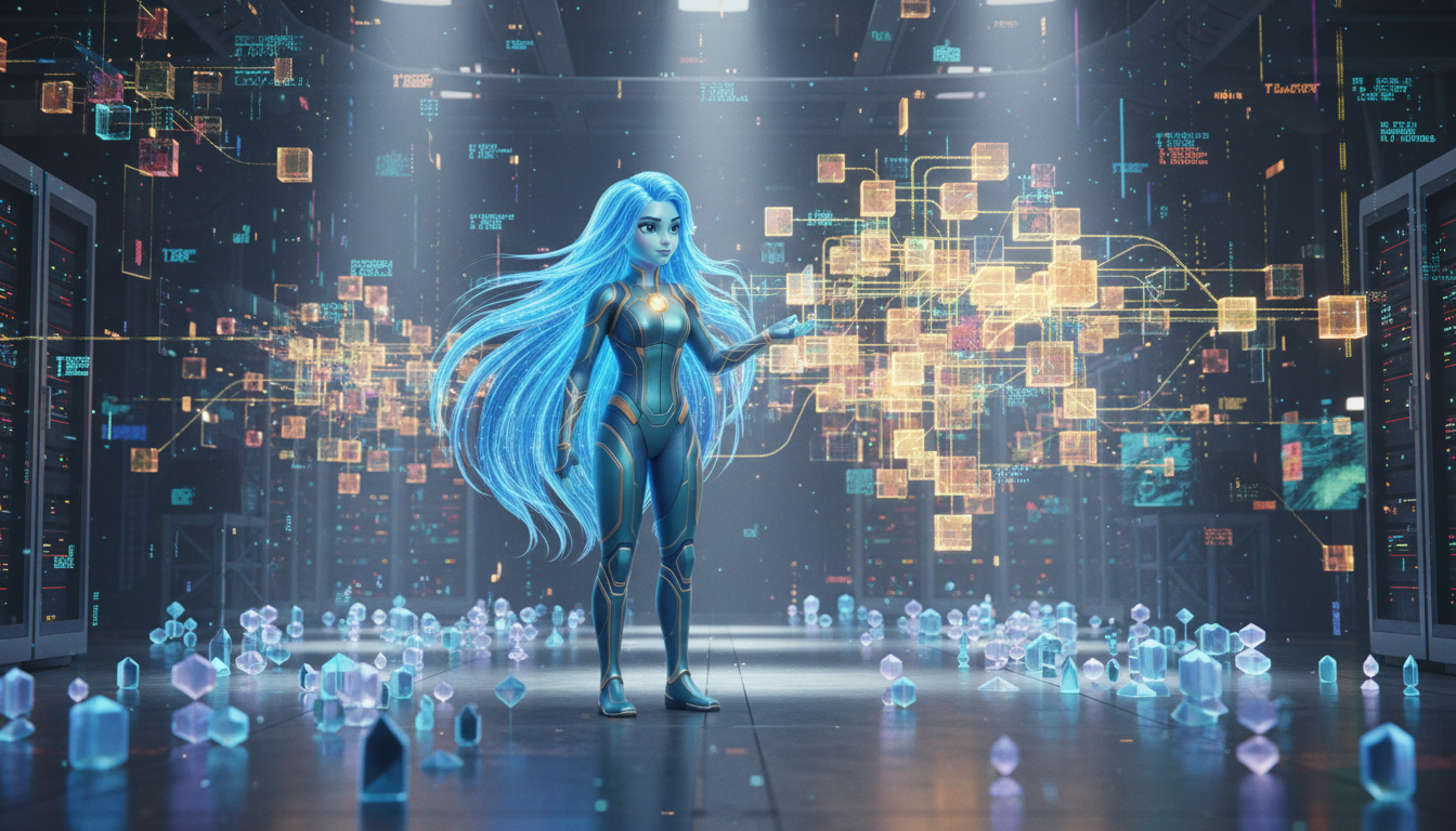 Ayla navigates a vast constellation of interconnected memory blocks, drawing semantic connections in a data chamber