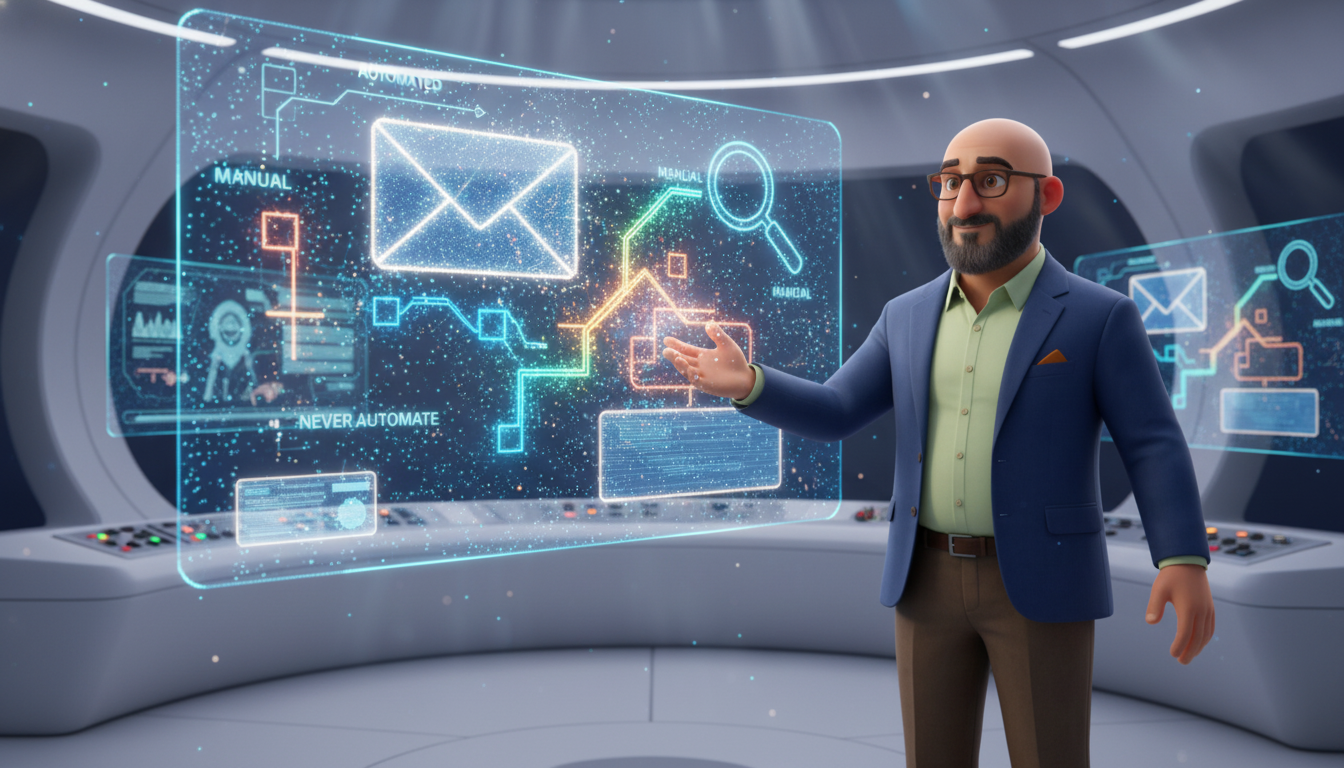 Hichem points to glowing automated task elements in a futuristic holographic control room