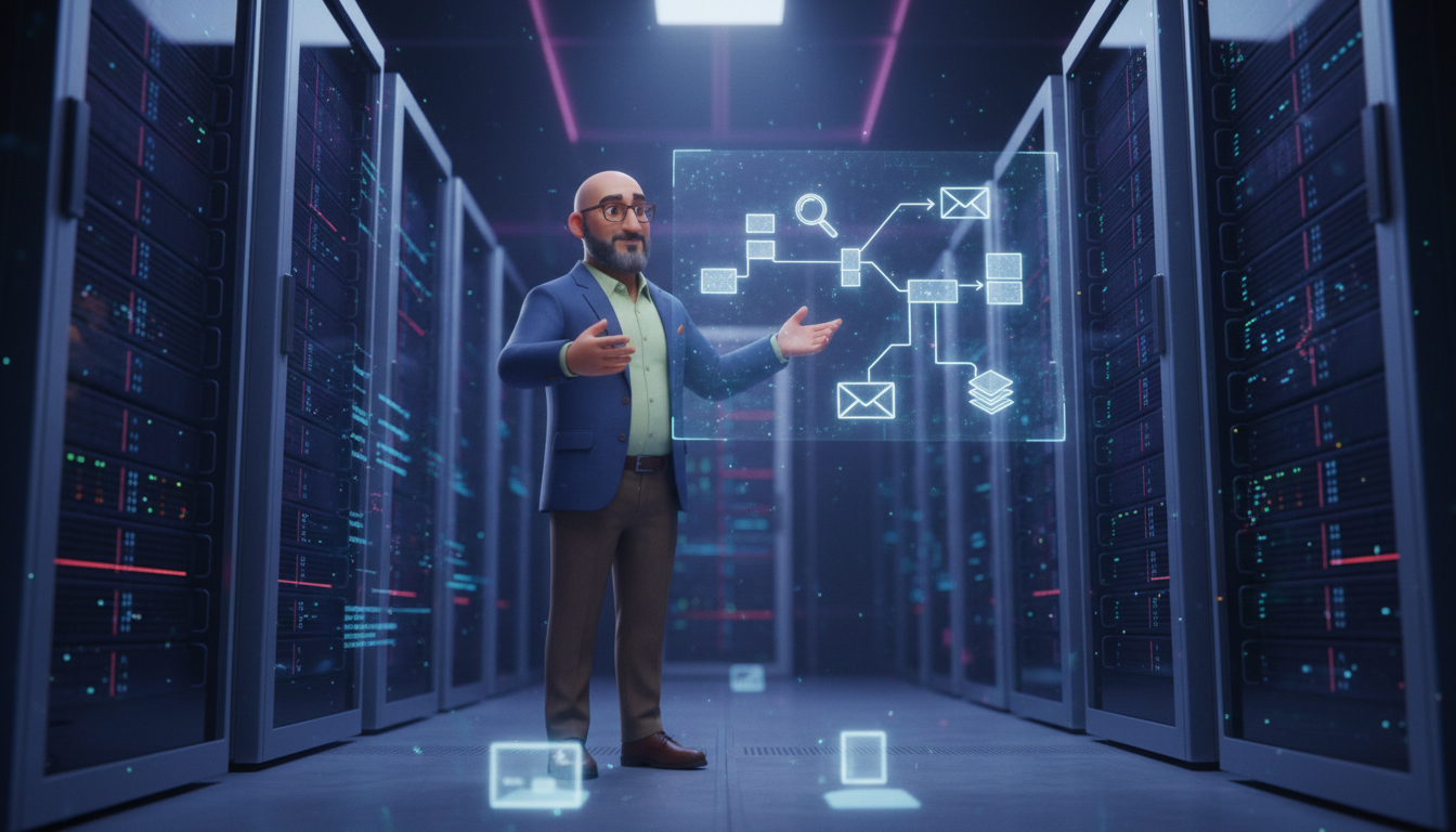 Hichem plans AI integration beside a partially-formed holographic workflow in a high-tech server room