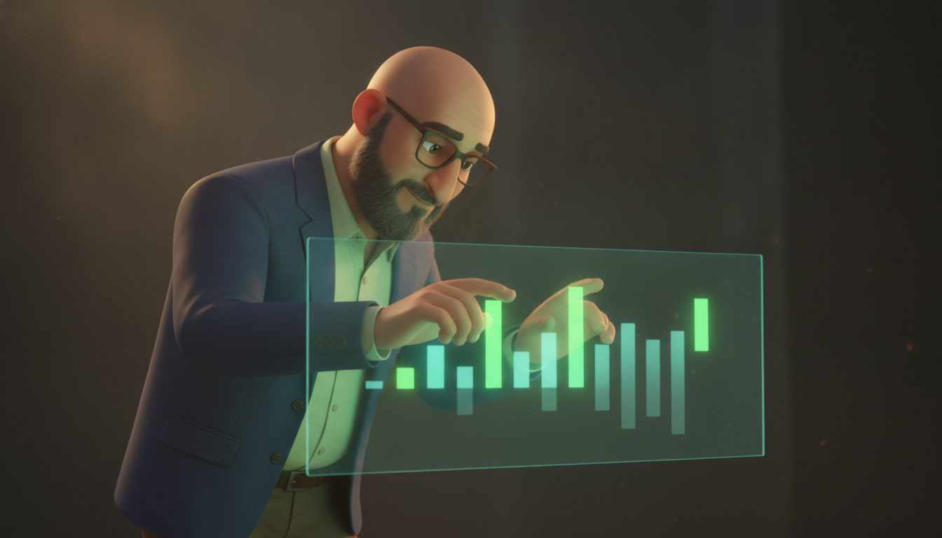Hichem reviews a holographic time ledger, some columns glowing green with hours reclaimed, others flat and unchanged