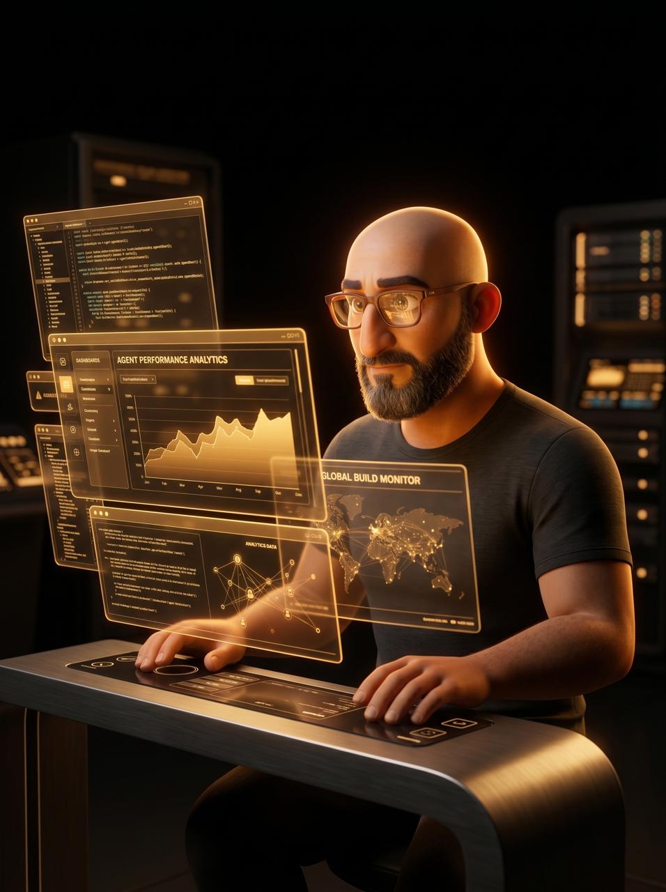 Hichem Refes at his AI workstation with holographic dashboards
