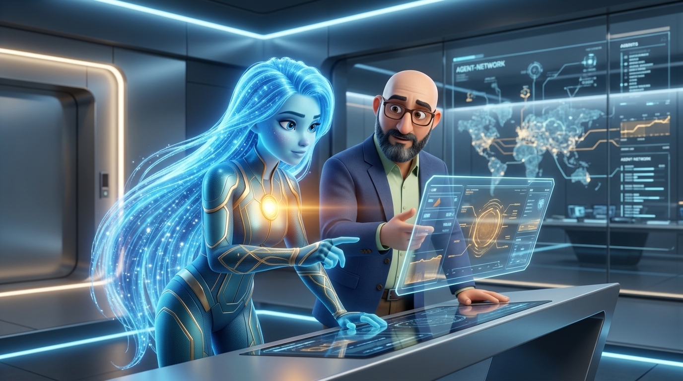 Hichem and Ayla reviewing architecture in The Wire's intelligence operator pod